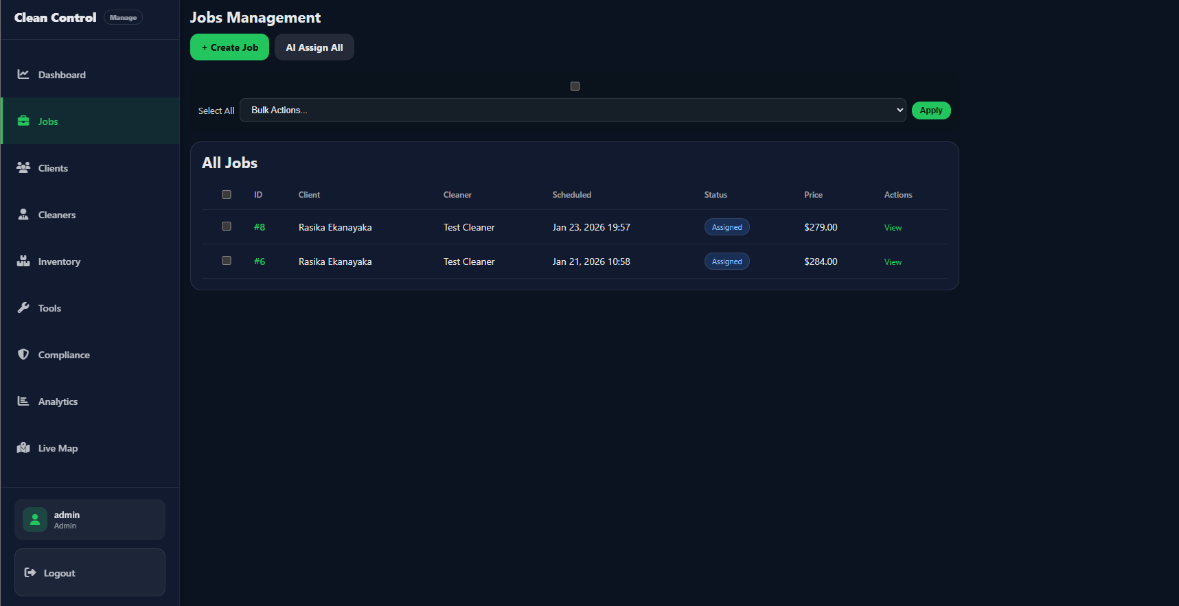 Jobs Management — list of all jobs with filters and actions
