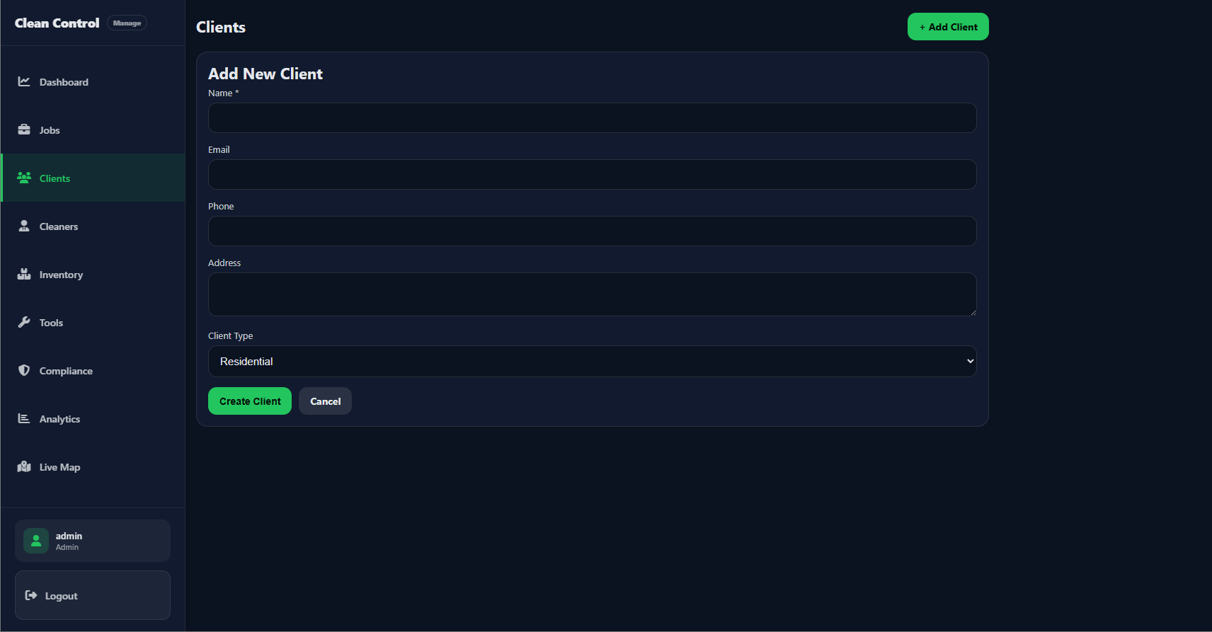 Admin — Add New Client form