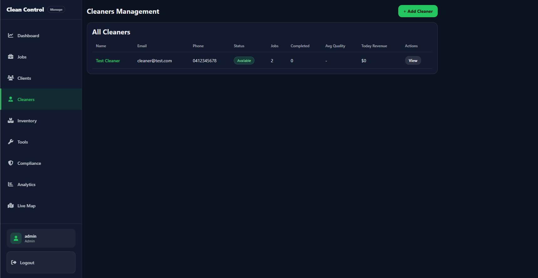 Admin — Cleaners list