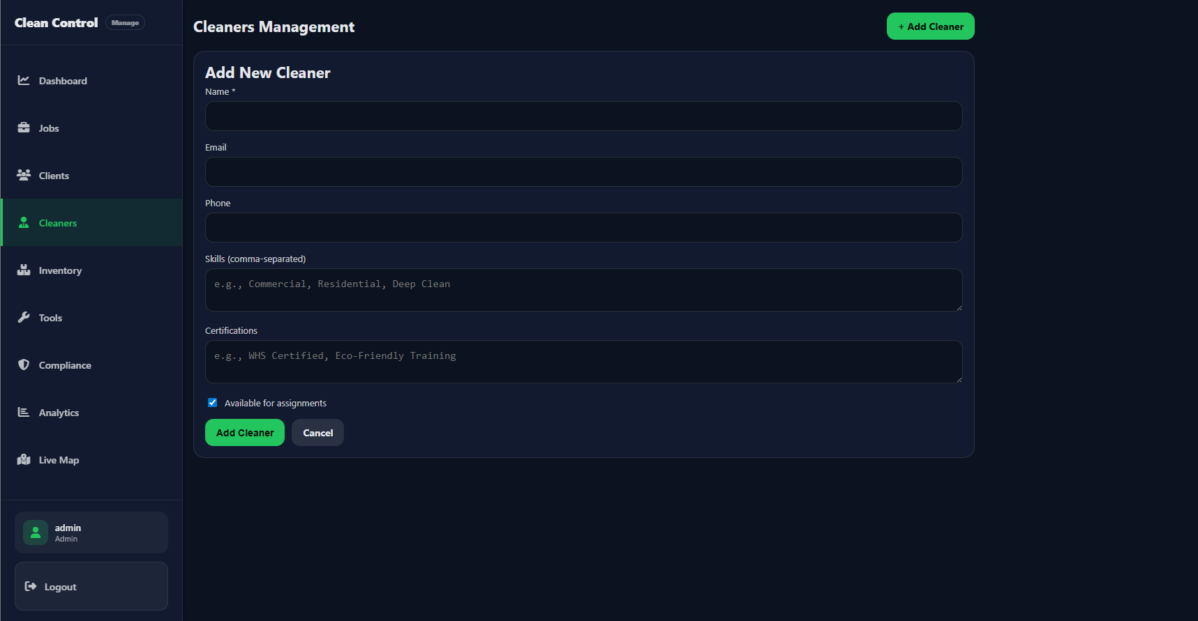Admin — Add New Cleaner form