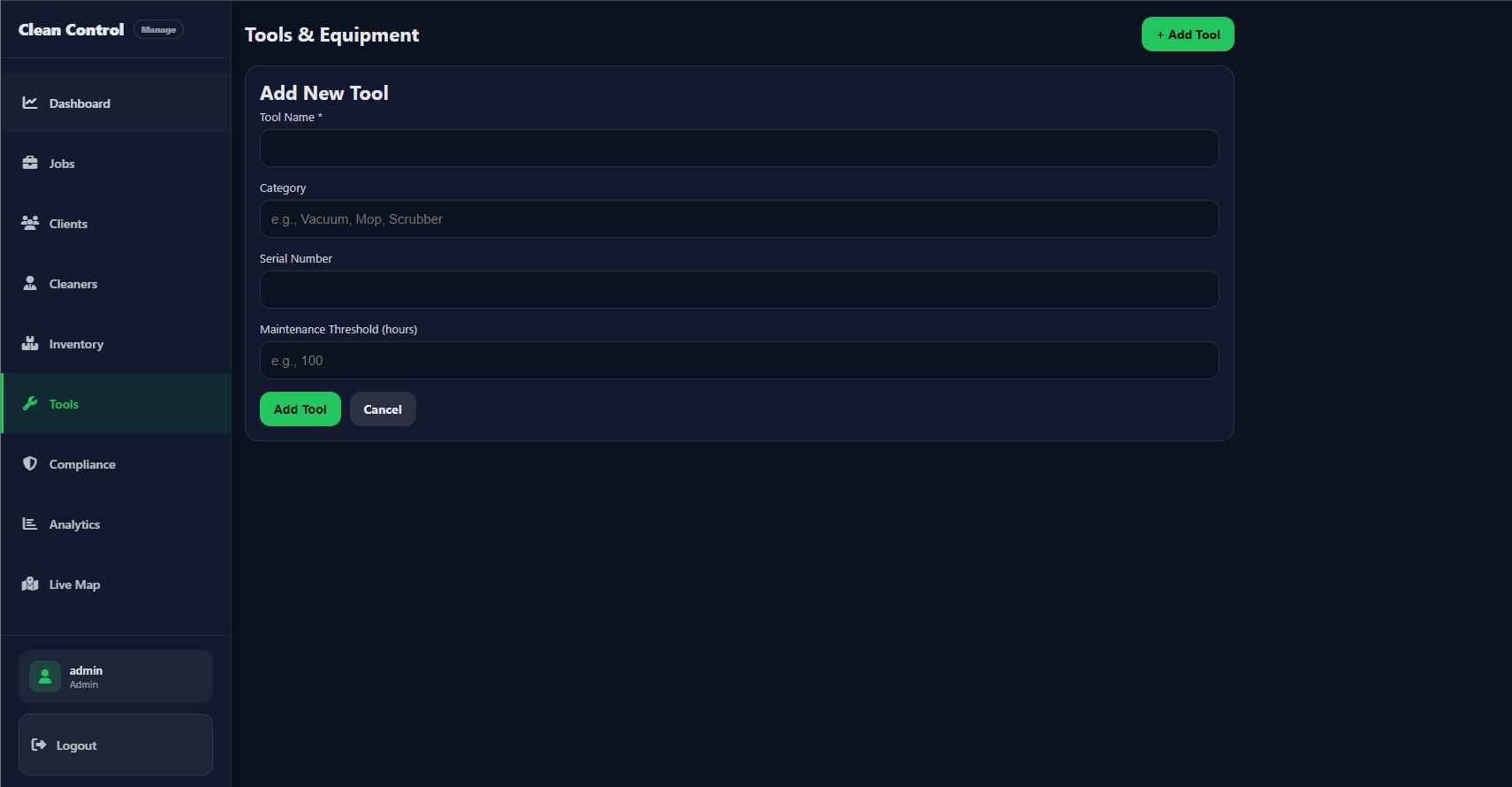 Admin — Add New Tool form