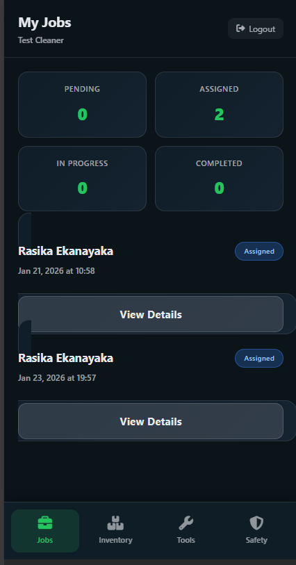 Cleaner app — My Jobs dashboard